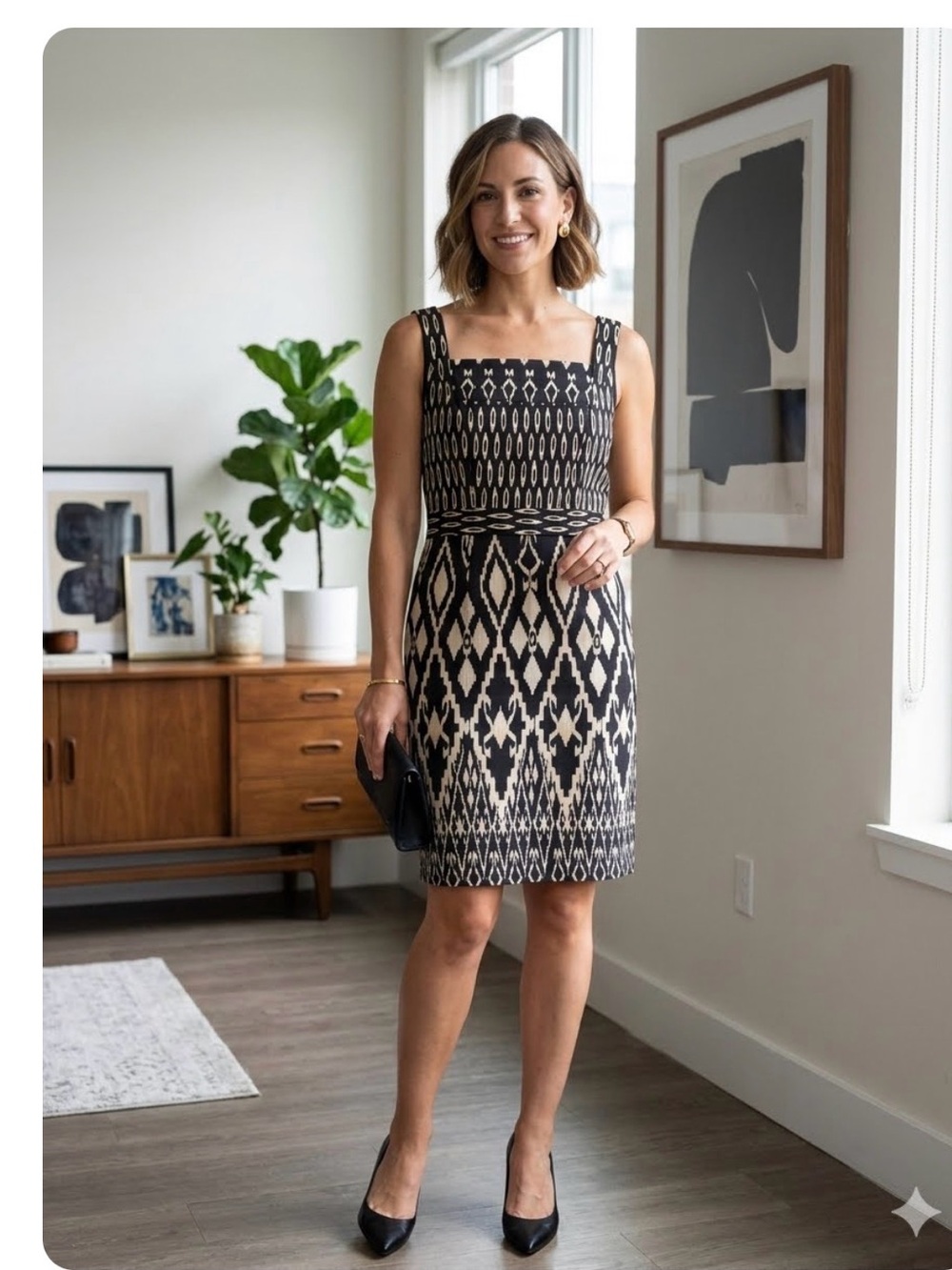 David Meister Black and Cream Geometric Midi Sheath Dress